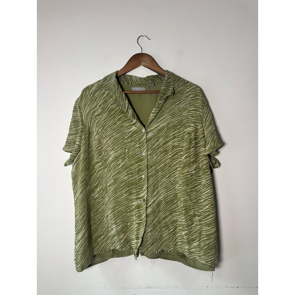 Vintage Kate Hill Olive Green Zebra Print 100% Silk Crepe Blouse Plus 18W
